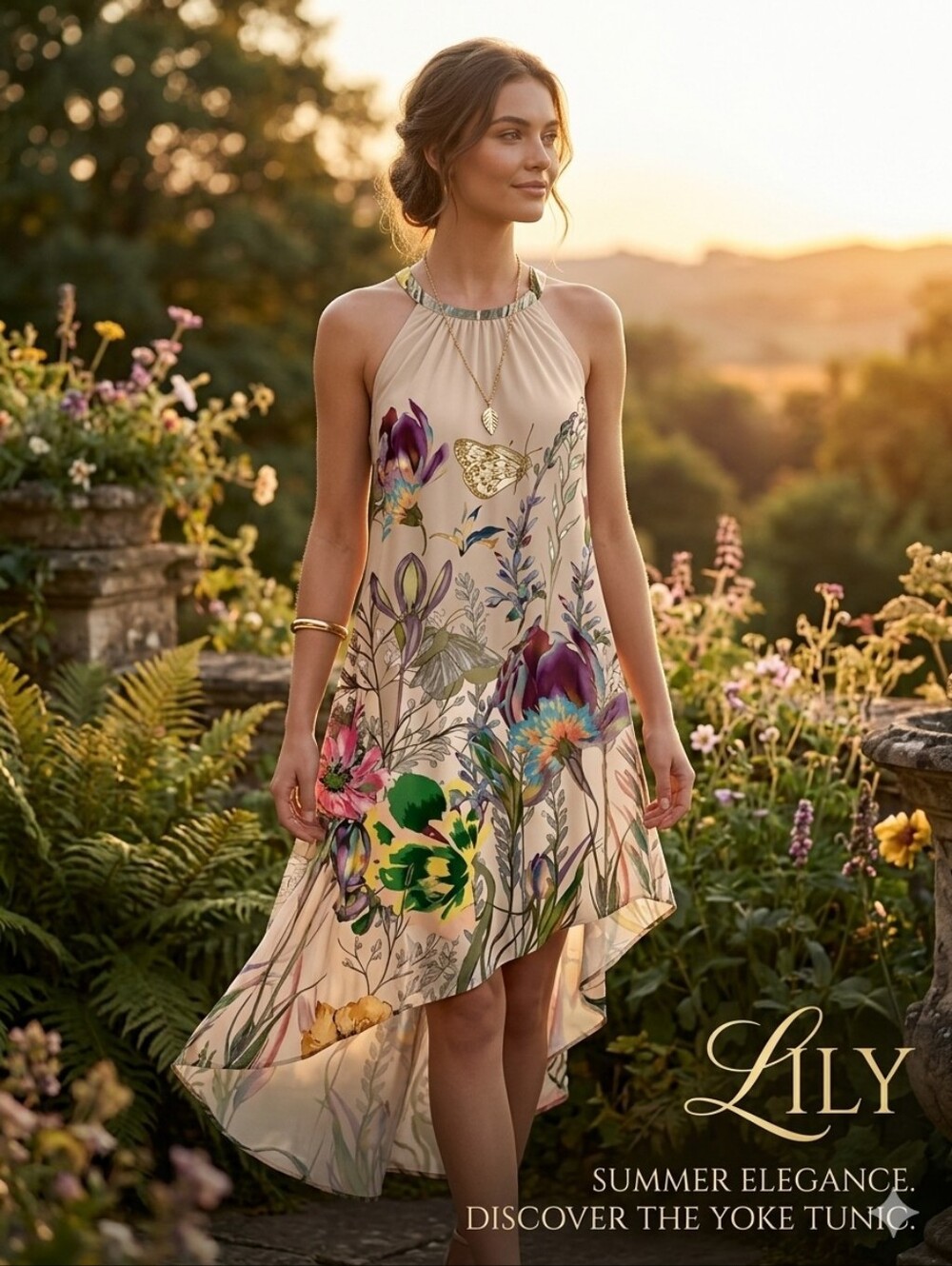 LILY Beige & Yellow Floral Yoke Tunic